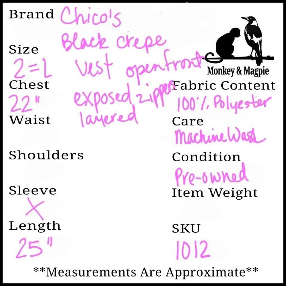 Chico's Black Layered Vest Open Front Exposed Zipper 2 = LARGE - Picture 9 of 9